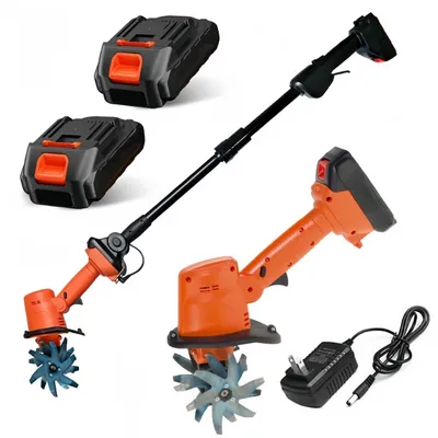 Produktbild von 2-in-1 Akku-Bodenfräse, 100mm, elektrische Gartenfräse Mit 2 Stangen, 235 U/min, batteriebetriebener Rototiller für Gartenarbeit, 2 Akku und Ladegerät