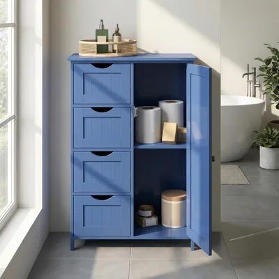 Imagen del producto de VASAGLE, armario de baño con 4 cajones y una puerta, dimensiones: 55 x 30 x 82,2 cm – Color azul marino. Tamaño: 30 de ancho x 55 de profundidad x 82 de alto