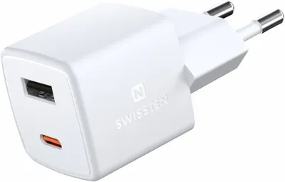 Immagine prodotto di Alimentatore GaN 30W design compatto, porte USB + USB-C, swissten - Bianco