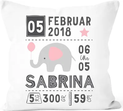 Produktbild von personalisierbares Kissen zur Geburt Elefant, Geburtskissen Jungen Mädchen, Namenskissen Geschenk Geburt SpecialMe® Mädchen weiß unisize