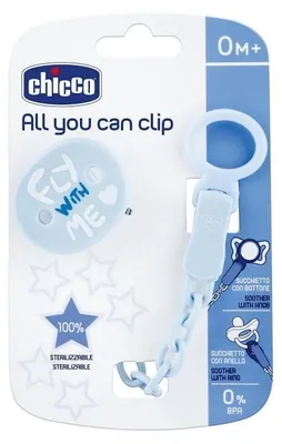 Produktbild von Chicco Universeller Schnullerclip für Babys, zur sicheren Befestigung an Kleidung, blau