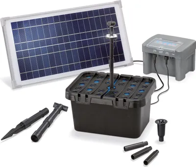A solar-powered pond filter set is displayed on a white background, with various components laid out.