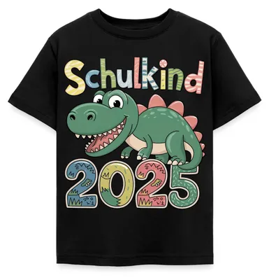Produktbild von Spreadshirt Schulkind 2025 Erstklässler Dinosaurier Kinder T-Shirt, 110/116 (5-6 Jahre), Schwarz