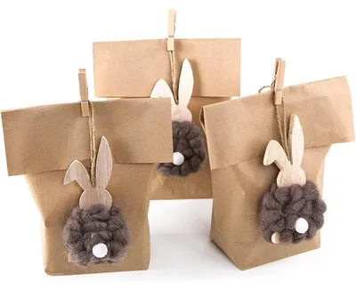 Produktbild von SET Ostern Verpackung: 3 Papiertüte braun 14 x 22 cm + 3 natürliche Osterhasen Anhänger Osterdeko Hänger Osternest Kinder give-away Kunden Osterhänger