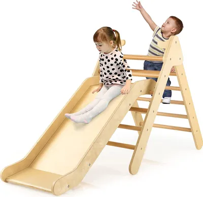 Produktbild von 2 in 1 Kletterdreieck mit Rutsche, Indoor Klettergerüst, Holzdreieck Sprossendreieck Klettergerät Kletterspielzeug aus Holz für Kinder ab 1 Jahre (Natur)