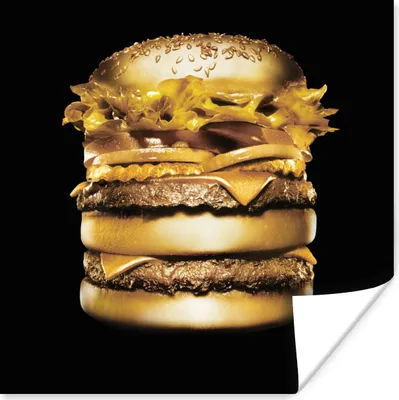 Produktbild von MuchoWow® Poster Goldener Hamburger auf schwarzem Hintergrund. 75x75 cm - Wand Dekoration