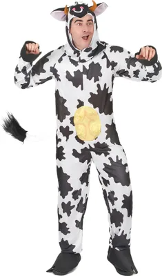 A person wearing a cow costume.