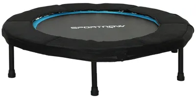 Produktbild von Fitness-Trampolin mit klappbarem Stahlrahmen und blauer Sicherheitsmatte für Cardio-Training