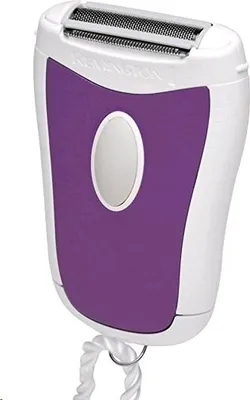 A close-up studio shot of a purple and white electric shaver.