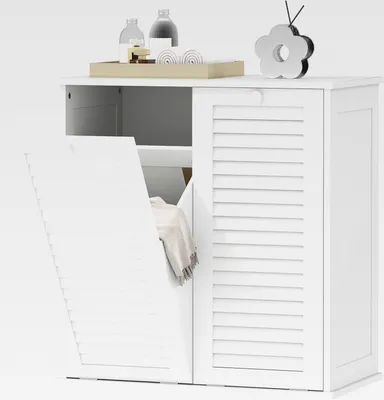 Produktbild von Wäscheschrank, Badschrank mit 2 Wäschekörben, Badezimmerschrank mit Griffen, Lamellentüren Wäschesammler Badmöbel für Badezimmer 70 x 38 x 73 cm Weiß