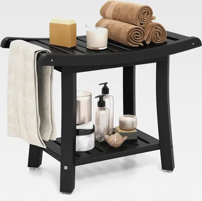 Produktbild von Duschbank Bad, Sitzbank mit Ablage, Badhocker 170 kg belastbar, Badezimmerbank Duschstuhl, Duschhocker für Erwachsene, Senioren, 60,5 x 34 x 48 cm (Schwarz)