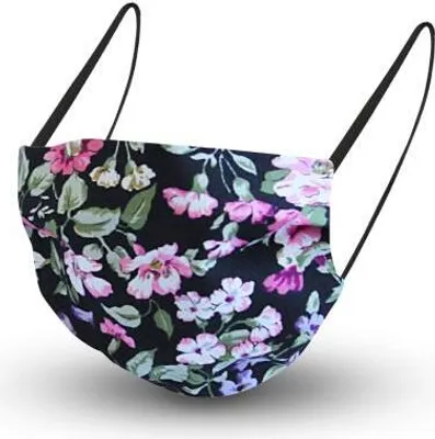 Produktbild von Baumwollmaske mit em Innenvlies - Blumen Schwarz-Rosa-Oliv 15548 + Gratiszugabe
