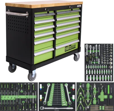 Produktbild von Werkstattwagen DELUXE 12 Schubladen, 123 cm Breite, massiver Arbeitsplatte 4 gefüllte Einlagen