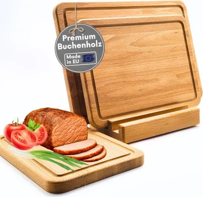 Produktbild von Schneidebrett Set Buche 3-teilig mit Halter geölt Saftrille Holz Frühstücksbrett Küchenbrett Servierbrett lebensmittelecht