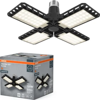 Obrázok produktu pre Stropné svietidlo OSRAM Highbay Blade v čiernej farbe, plastové, s nastaviteľnými svetelnými krídlami, poskytuje 23 W alebo 2350 lm v neutrálnej bielej farbe s teplotou 4000 K, závit E27, priemer 231 mm, IP20