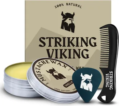 Produktbild von Striking Viking Bartwachs mit Taschenkamm, Schnurrbartwachs und Bartwichse mit mittlerem Halt, Bienenwachs und Sheabutter, 59 ml, Vanilla