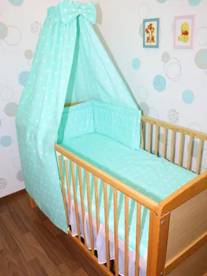 Produktbild von 5 teiliges Baby Bettset für Bett 60 x 120 Himmel Bettwäsche Nestchen - Sterne auf Minze