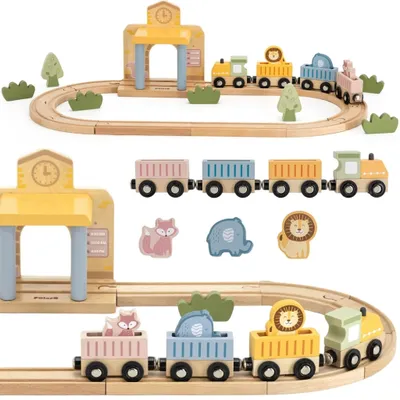 Produktbild von Viga PolarB Holzbahn-Set mit 30 Teilen – Geschenk für Jungen ab 3 Jahren