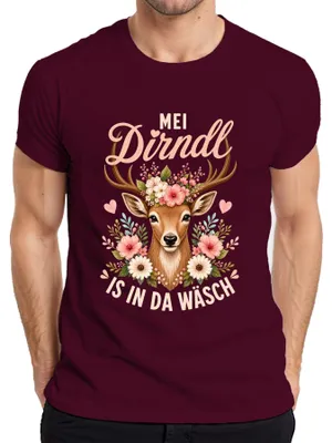 Produktbild von Mei Dirndl is in da Wäsch Reh Kitz Blumen Tracht Lederhose Alpen Herren T-Shirt, Burgundy, S