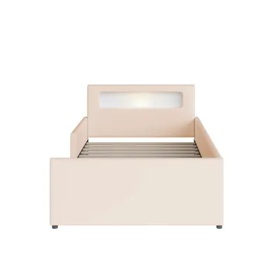 A beige upholstered bed frame with a built-in headboard light.