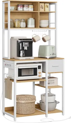 A kitchen shelf unit with various appliances and kitchenware.