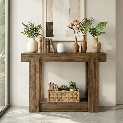 Image de Table console Tribesigns pour le couloir, étroite, table d'entrée à placer derrière le canapé, table d'appoint en bois de style rustique pour le couloir, le salon ou les petites pièces