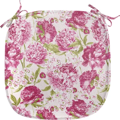 Produktbild von ABAKUHAUS Blumen Polster für Esszimmerstühle, Pfingstrosen und Blattblumen, Dekoratives wasserfestes Kissen mit Riemen für Küchensitze, 40 cm x 40 cm, Olivengrün Weiß Rosa