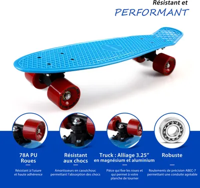 Image de Monzana Skateboard 22" bleu/rouge roues ABEC 7 Pennyboard Design rétro Adultes Enfants Adolescents Mini Cruiser planche