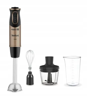 A Tefal hand blender and its accessories are displayed against a white background.