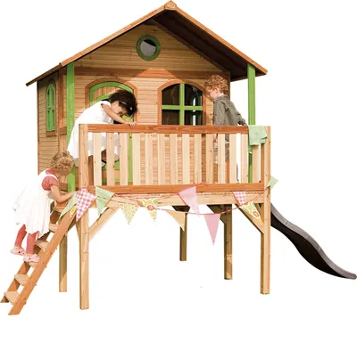 Produktbild von AXI Spielhaus Sophie mit grauer Rutsche | Stelzenhaus in Braun & Grün aus Holz für Kinder | Spielturm mit Wellenrutsche für den Garten