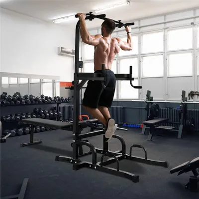 Obrázok produktu pre Samostojaca hrazda na cvičenie – posilňovacia veža – hrazda – fitness stanovište – hrazda na kliky – čierna – nosnosť do 150 kg – výška nastaviteľná v 7 úrovniach