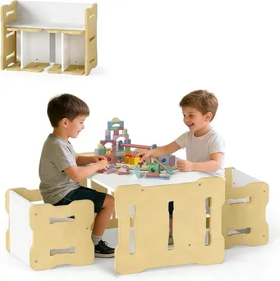 Produktbild von Kindertisch mit 2 Stühlen, Montessori Kindersitzgruppe mit Wendebank, Kindertisch- und Stuhlset zum Lesen,Essen & Spielen, Kinder Tisch Stuhl Set für Kindergarten & Kinderzimmer (Natur)