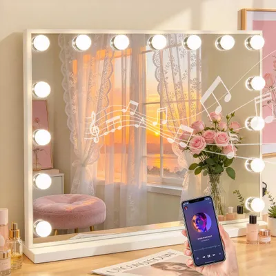 Produktbild von VANITII Hollywood Schminkspiegel 58cm x 46cm mit Beleuchtung 15 Dimmer Leuchten 3 Lichtmodus Bluetooth Kosmetikspiegel für Badzimmer Schminktisch Weiß