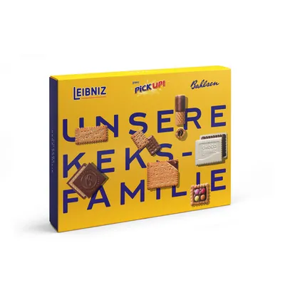 A yellow box of Leibniz cookies with various types of cookies displayed on it.