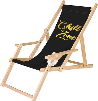 Holz Liegestuhl Klappbar Klappliegestuhl mit Armlehne und Getränkehalter Strandstuhl Motiv Chill Zone [119]