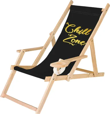 A black and wooden deck chair with "Chill Zone" written on it in gold.
