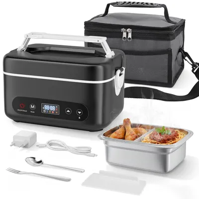 Produktbild von Elektrische Lunchbox - Tragbarer kabelloser Speisenwärmer - 100 W - 1,2 l - 4 Heizstufen - Einstellbarer Timer - Powerbank - Schwarz