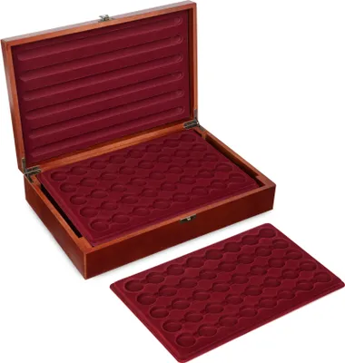 Produktbild von MC.Sammler Holz Münzkassette Münzkoffer inkl 5 Münztableaus für 200 STK 2 Euro Münzen in Kapseln bis 31mm ( Kassette ohne Münzkapseln)