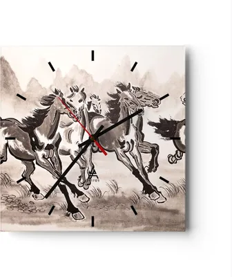 Produktbild von Wanduhr - Quadrat - Glasuhr - Pferd Abbildung Natur - 40x40cm - Schleichendes Uhrwerk - Lautlos - zum Aufhängen bereit - Dekoration Modern - Wanddekoration aus Glas - C3AC40x40-3117