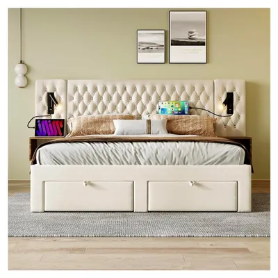 Produktbild von Komplettset Bettanlage Schlafzimmer, Polsterbett Doppelbett 160×200 cm mit 2 Nachttischen und 4 Schubladen, Beige, Samt (ohne Matratze)