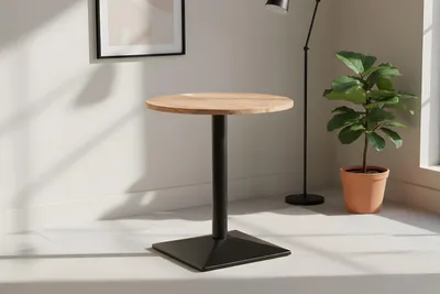 Produktbild von Bistrotisch massiv Akazie rund naturfarben 70 cm Säulengestell-eckig schwarz EMILIO