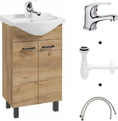 A bathroom vanity set with a sink and faucet, along with plumbing parts and flexible hoses, displayed against a white background.