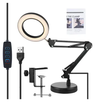 Image de 10X Lampe loupe avec lumière & pince | Variateur continu 2-en-1 LED lampe de table avec bras pivotant | Loupe mains libres pour le bricolage & la peinture