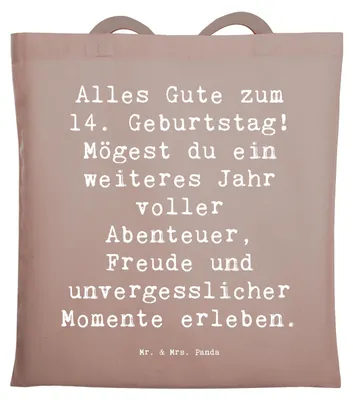 Produktbild von Mr. & Mrs. Panda Tote Bag Spruch 14. Geburtstag - Braun Pastell - Geschenk, Happy Birthday, Beutel, Tasche, Schultasche, Zuneigung, 14 Jahre, besonderer Tag, canvas