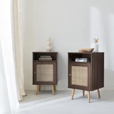 Produktbild von sweeek - 2er-Set Nachttische mit Rattangeflecht - Dunkles Holz