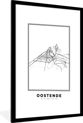 Produktbild von MuchoWow® Gerahmtes Poster Belgien - Ostende - Stadtplan - Karte - Schwarz und weiß - Karte 60x90 cm - Poster mit Schwarzem Bilderrahmen Wandposter Rahmen Foto Bilder - Dekoration - Wandposter Wohnzimmer - Hochwertig