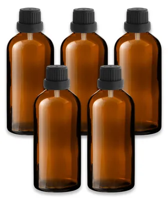 Produktbild von 5x Braunglasflasche 100 ml mit schwarzem Tropfer Tropfeinsatz 18/415