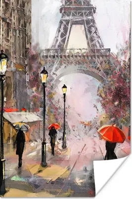 Produktbild von MuchoWow® Poster Gemälde - Paris - Eiffelturm - Regenschirm - Ölgemälde 80x120 cm - Papierdruck