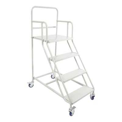 A gray metal rolling stepladder with four steps and handrails, shown against a white background.