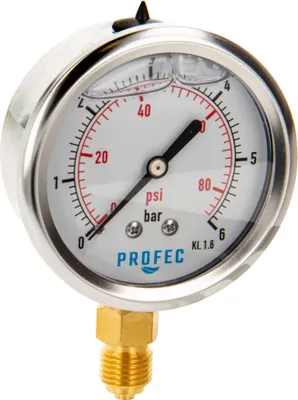 Produktbild von Profec Manometer 0 - 6 bar, Glyzeringefüllt, Ø 63 mm, 1/4 Zoll Anschluss nach unten Radial, Überdruck-Manometer